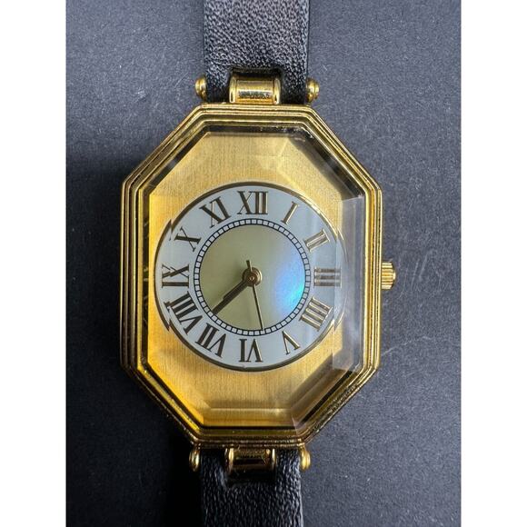 MMA Metropolitan Museum of Art Gold Tone Watch Octagon Black Leather Band main image 4